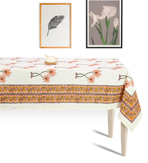 Abeer Hand Block Cotton Dining Table Cover Floral Printed Orange Color Textured Design Table Cloths 6 Seater-150 Cm. x 225 Cm.