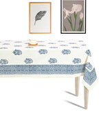 Abeer Hand Block Cotton Dining Table Cover Floral Printed Blue Color Textured Design Table Cloths 8 Seater -150 Cm. x 270 Cm.