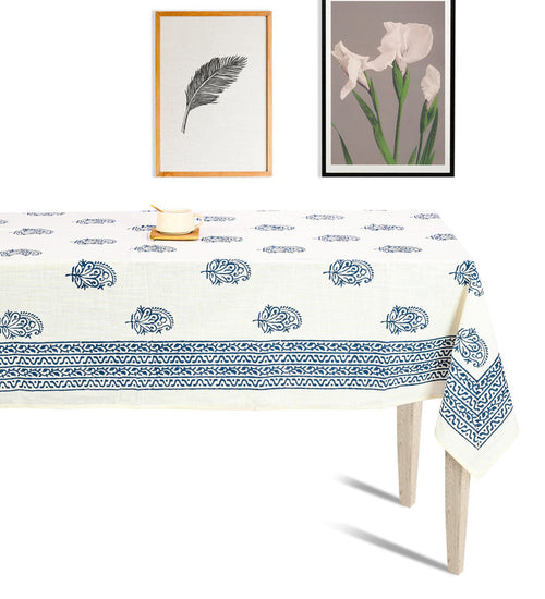 Abeer Hand Block Cotton Dining Table Cover Floral Printed Blue Color Textured Design Table Cloths 6 Seater-150 Cm. x 225 Cm.