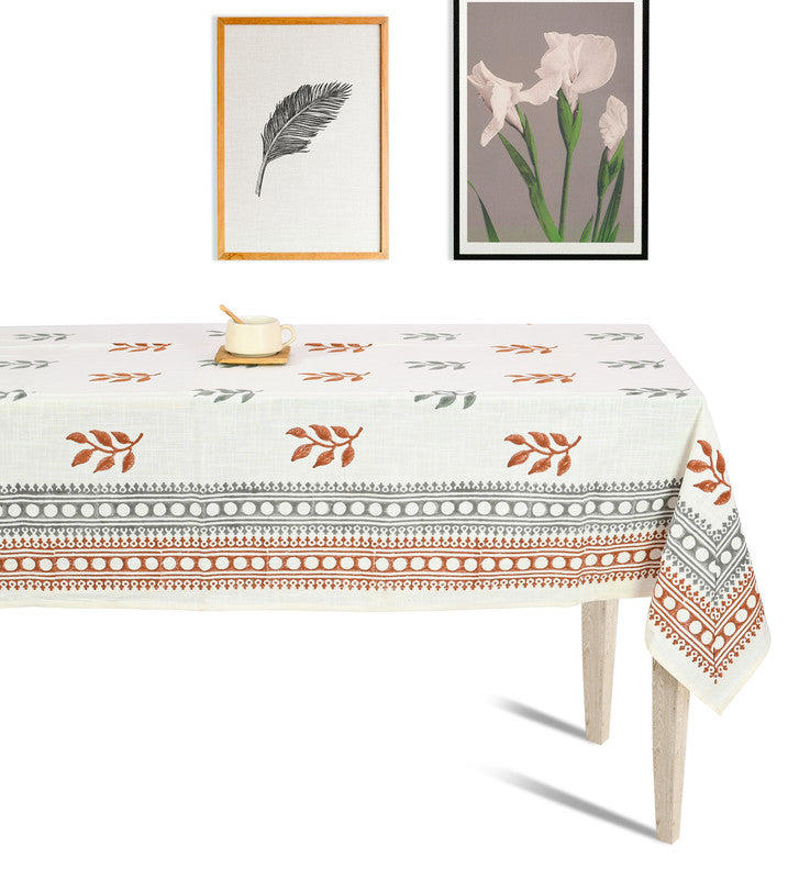 Abeer Hand Block Cotton Dining Table Cover Floral Printed Rust & Grey Color Textured Design Table Cloths 6 Seater-150 Cm. x 225 Cm.