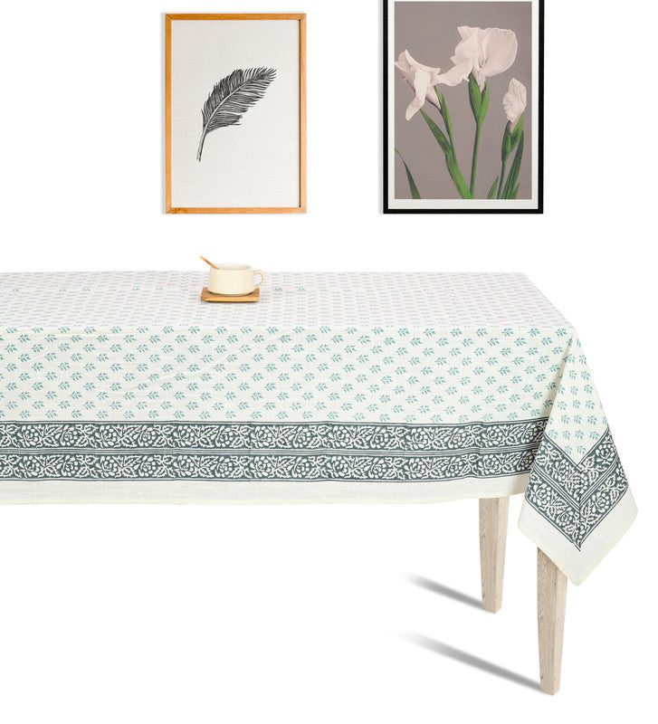 Abeer Hand Block Cotton Dining Table Cover Floral Printed Green Color Textured Design Table Cloths 8 Seater -150 Cm. x 270 Cm.