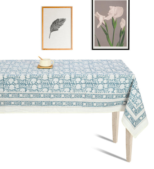 Abeer Hand Block Cotton Dining Table Cover Floral Printed Blue Color Textured Design Table Cloths 6 Seater-150 Cm. x 225 Cm.