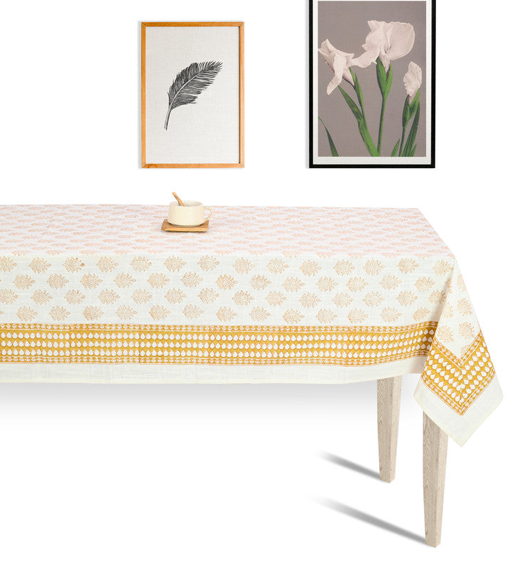 Abeer Hand Block Cotton Dining Table Cover Floral Printed Yellow Color Textured Design Table Cloths 6 Seater-150 Cm. x 225 Cm.