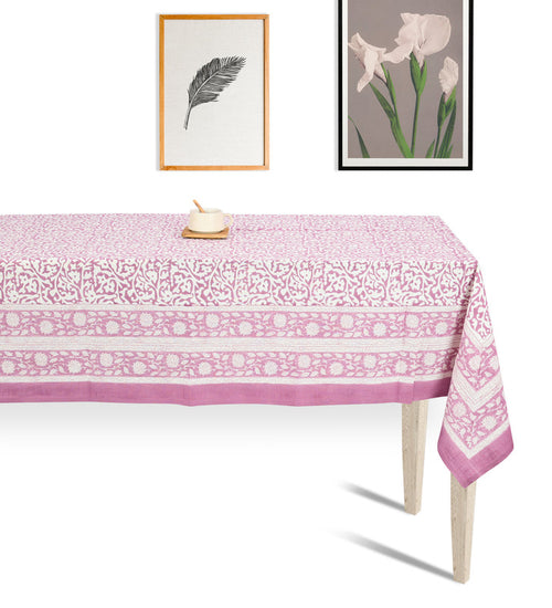 Abeer Hand Block Cotton Dining Table Cover Floral Printed Purple Color Textured Design Table Cloths 6 Seater-150 Cm. x 225 Cm.
