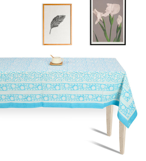 Abeer Hand Block Cotton Dining Table Cover Floral Printed Skyblue Color Textured Design Table Cloths 8 Seater -150 Cm. x 270 Cm.