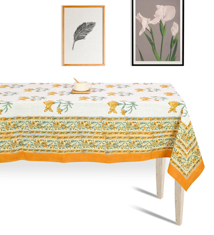 Abeer Hand Block Cotton Dining Table Cover Floral Printed Yellow Color Textured Design Table Cloths 6 Seater-150 Cm. x 225 Cm.