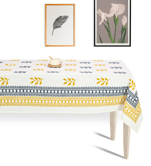 Abeer Hand Block Cotton Dining Table Cover Floral Printed Blue & Yellow Color Textured Design Table Cloths 6 Seater-150 Cm. x 225 Cm.