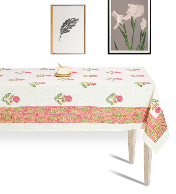 Abeer Hand Block Cotton Dining Table Cover Floral Printed Pink Color Textured Design Table Cloths 6 Seater-150 Cm. x 225 Cm.