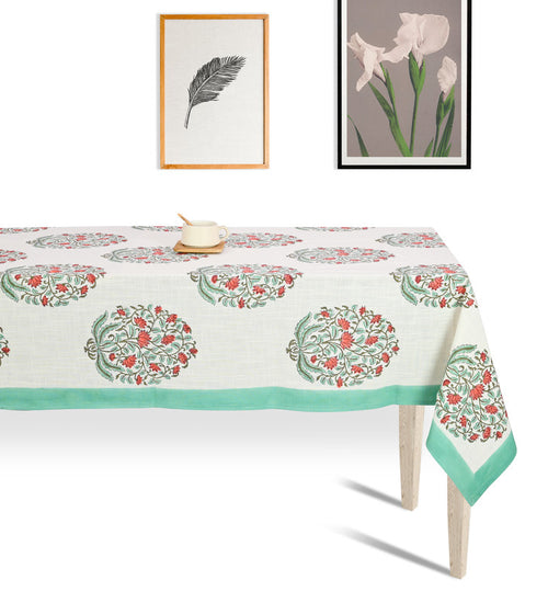 Abeer Hand Block Cotton Dining Table Cover Floral Printed Orange & Green Color Textured Design Table Cloths 6 Seater-150 Cm. x 225 Cm.
