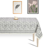 Abeer Hand Block Cotton Dining Table Cover Floral Printed Grey Color Textured Design Table Cloths 6 Seater-150 Cm. x 225 Cm.