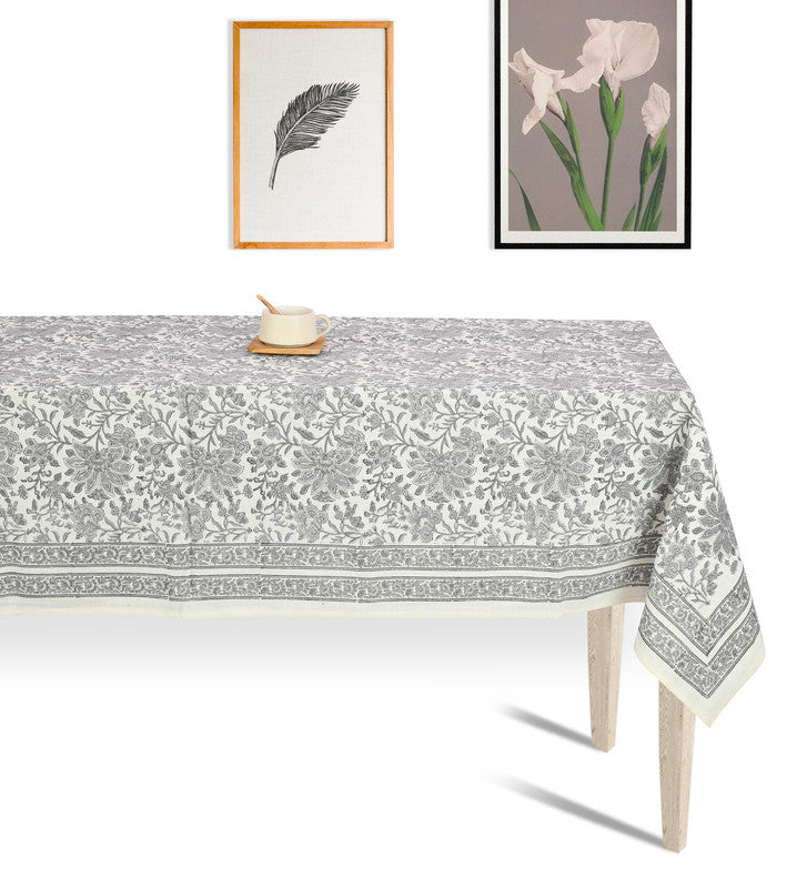 Abeer Hand Block Cotton Dining Table Cover Floral Printed Grey Color Textured Design Table Cloths 8 Seater -150 Cm. x 270 Cm.