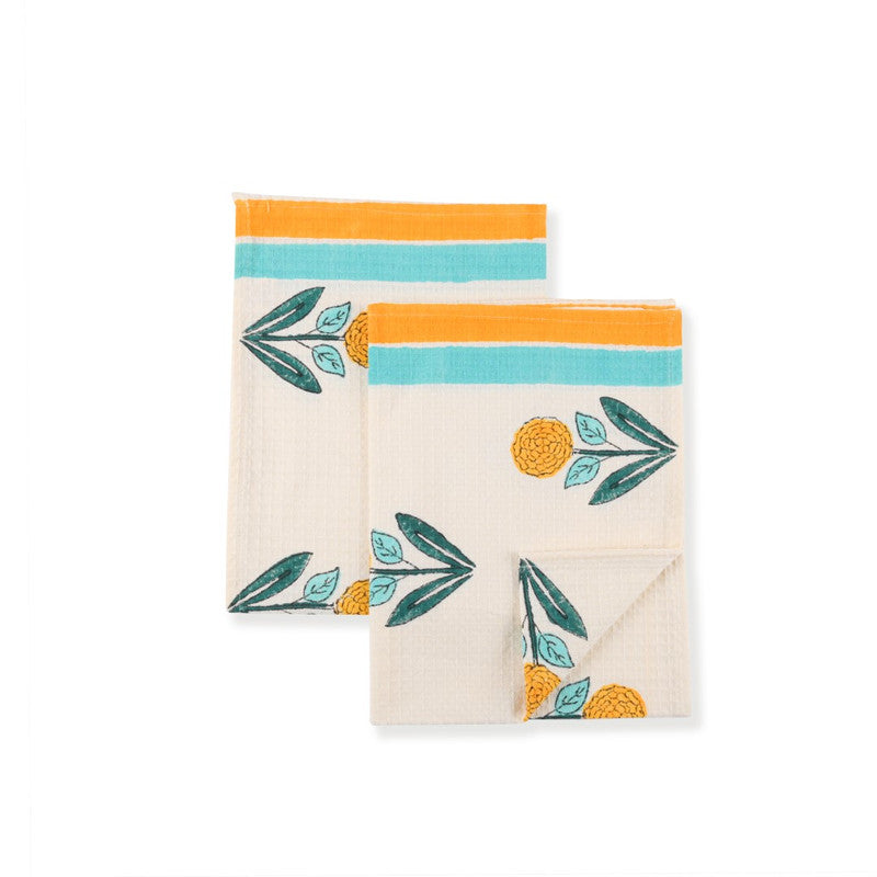 Abeer Hand Block Floral Printed Cotton Kitchen Towel, Quick Drying, Light Weight Yellow-40 cm. x 60 cm.