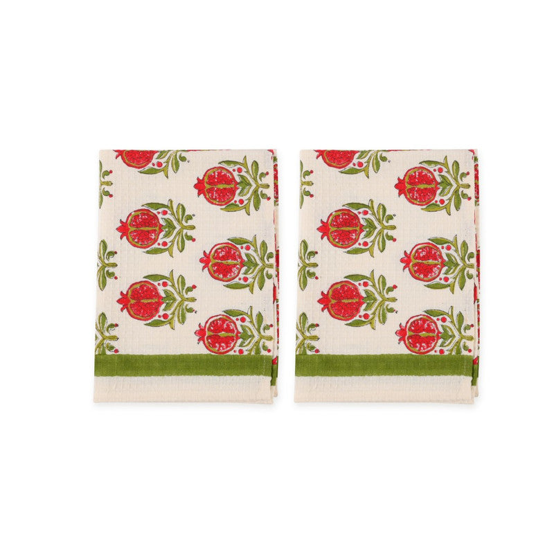 Abeer Hand Block Floral Printed Cotton Kitchen Towel, Quick Drying, Light Weight Red & Green-40 cm. x 60 cm.