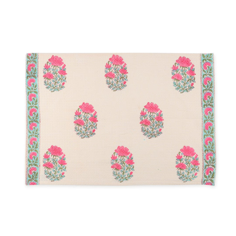 Abeer Hand Block Floral Printed Cotton Kitchen Towel, Quick Drying, Light Weight Pink-40 cm. x 60 cm.