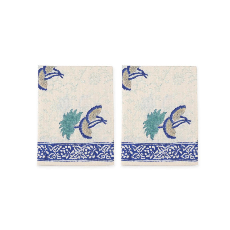 Abeer Hand Block Floral Printed Cotton Kitchen Towel, Quick Drying, Light Weight Blue-40 cm. x 60 cm.