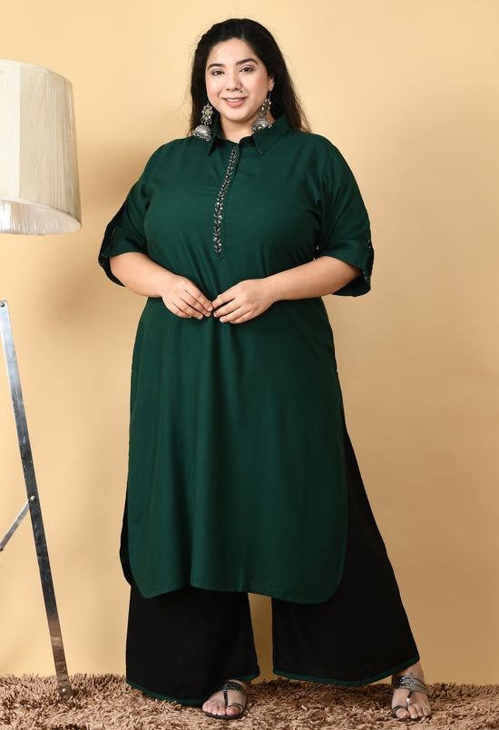 Plus Size Bottle Green Pathani Kurta Palazzo Set