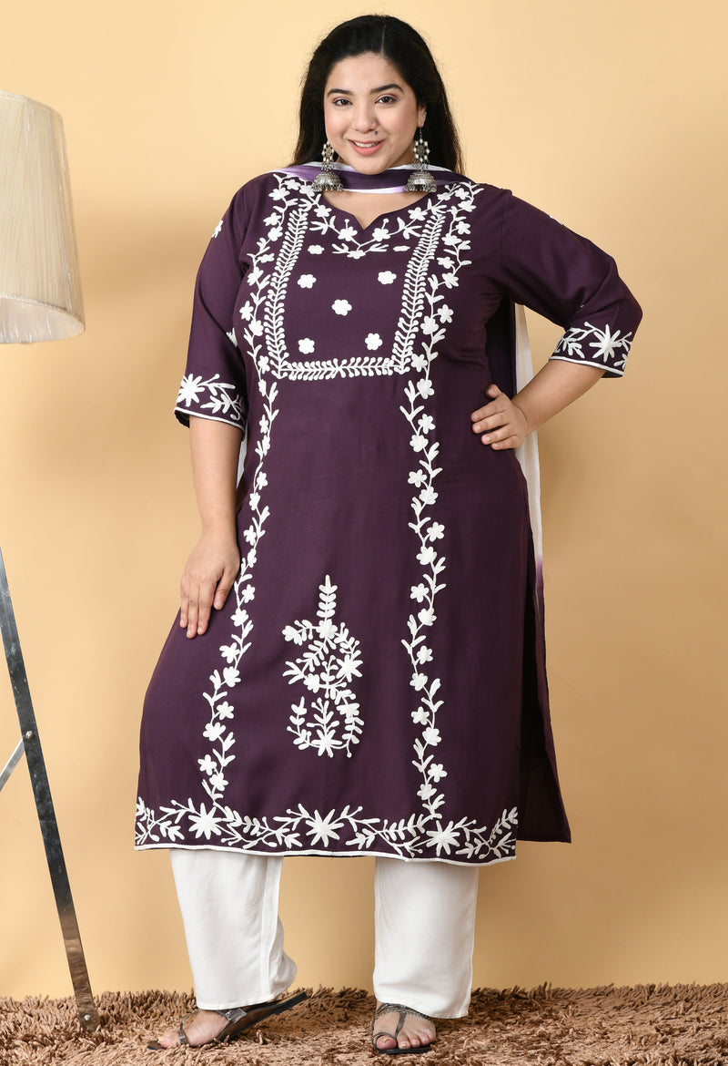 Plus Size Purple Kashmiri Kurta Pant Set With Dupatta