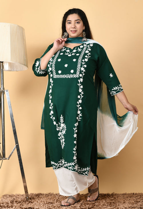 Plus Size Bottle Green Kashmiri Kurta Pant Set With Dupatta