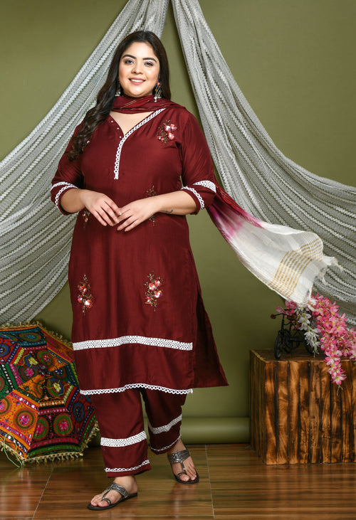 Plus Size Maroon Lace And Stones Kurta Set