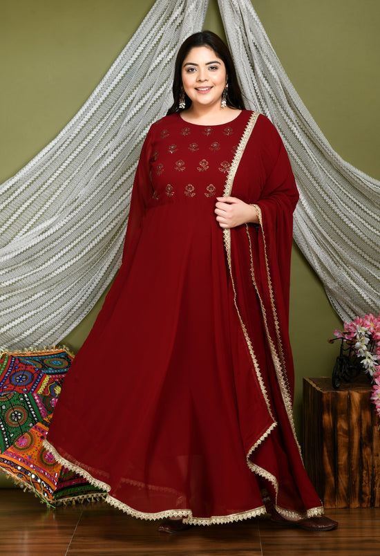 Plus Size Maroon Anarkali Kurta With Dupatta