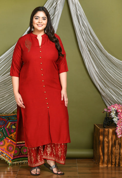 Plus Size Collared Red Kurta Palazzo Set