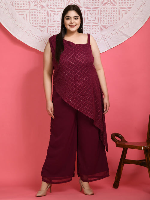 Plus Size Asymmetrical Wine Co-Ord Set