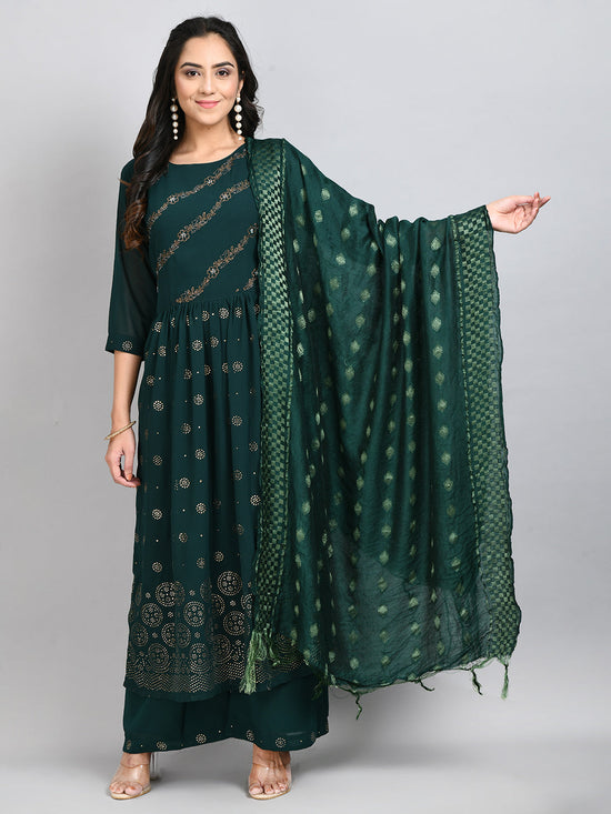 Women Nyraa Stones And Beads Bottle Green Kurta Set With Dupatta