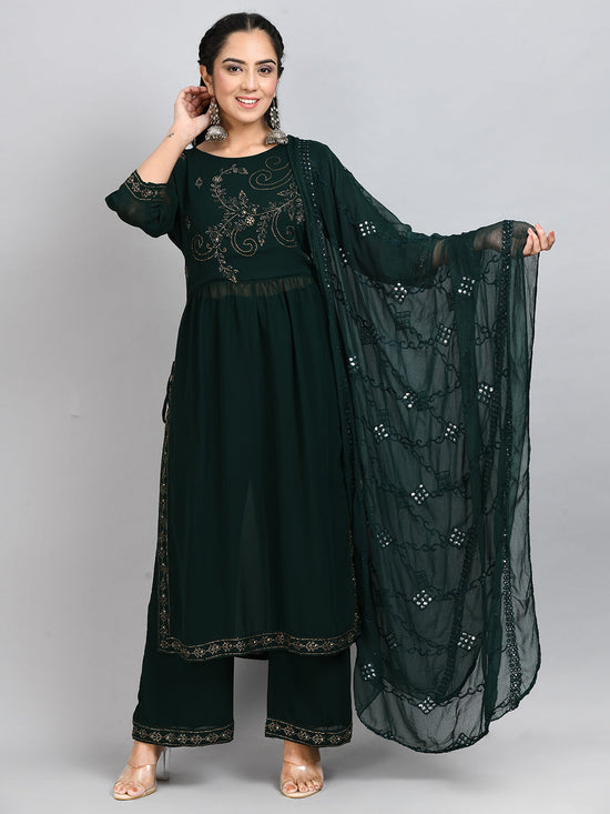 Women Bottle Green Embellished Nyraa Kurta Set With Dupatta