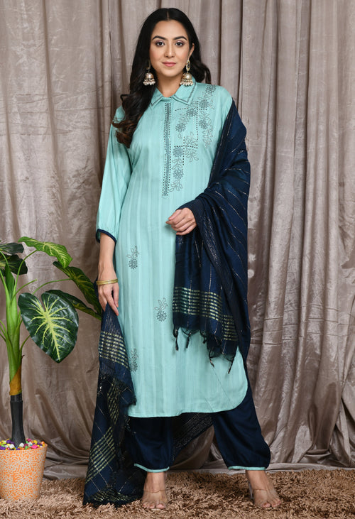 Women Sea Green Collared Embellished Kurta Set