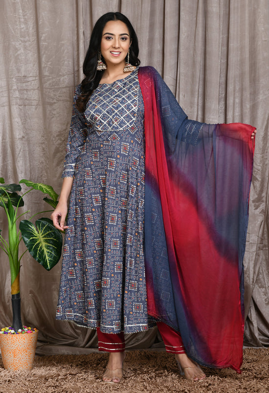 Women Grey Printed Anarkali Kurta Set