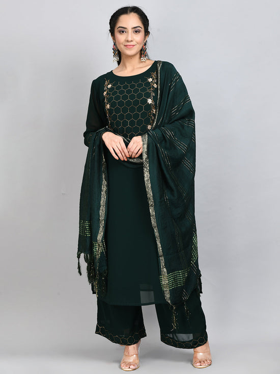 Women Bottle Green Pentagon Embellished Kurta Set