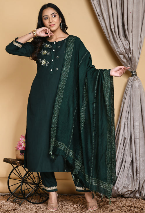 Women Bottle Green Three Sequin Embellished Kurta Set