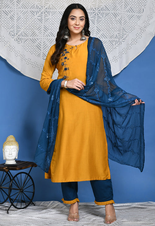 Women Yellow Embroidered Kurta Set With Dupatta