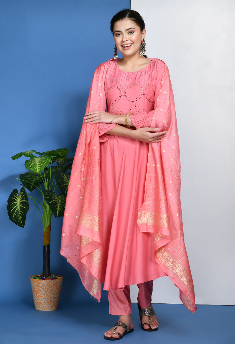 Women Pink Embellished Anarkali Kurta Set