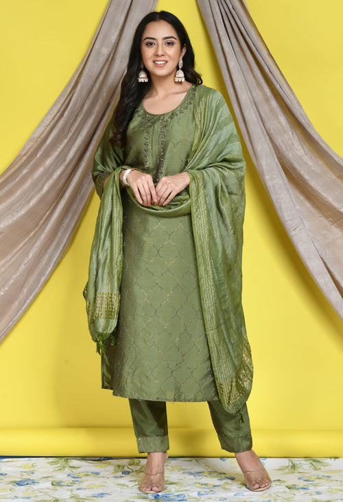 Women Pistachio Green Embellished Kurta Set With Dupatta