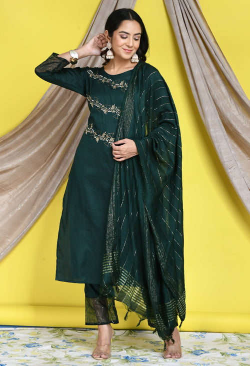 Women Bottle Green Slant Embellished Kurta Set