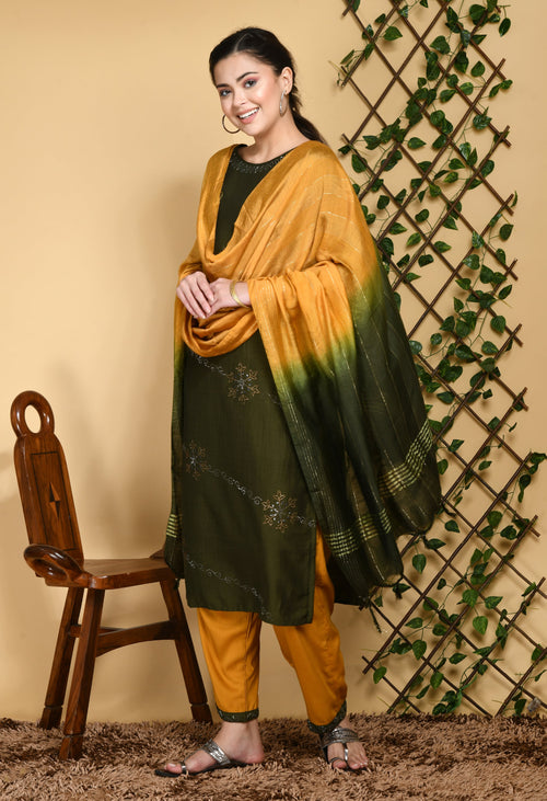 Women Beads And Stones Mehendi Green Kurta Set With Dupatta