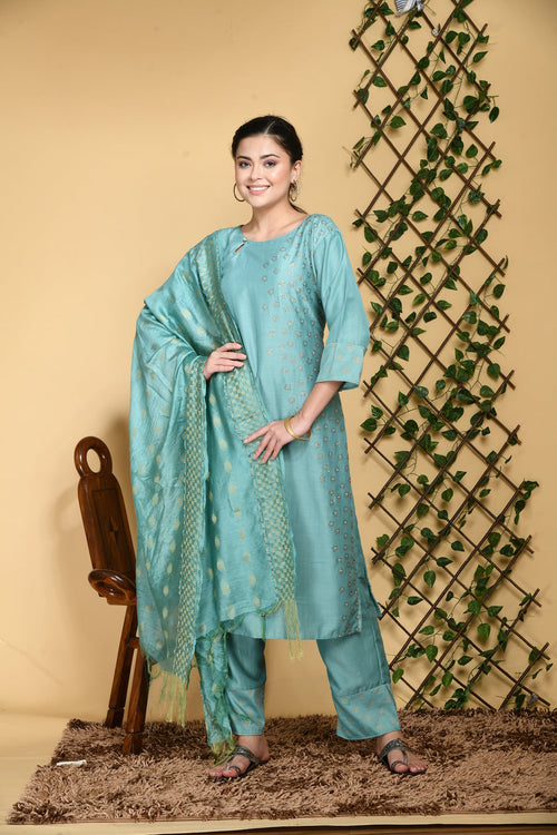 Women Sea Green Side Work Kurta Set With Dupatta