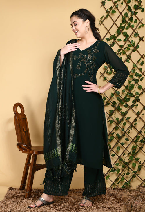 Women Green Floral Georgette Kurta Palazzo Set