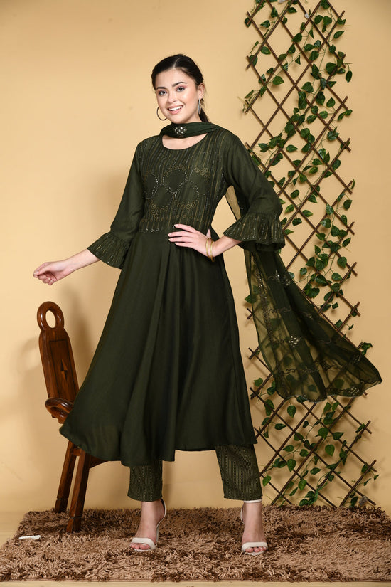 Women Mehendi Green Embellished Anarkali Kurta Set