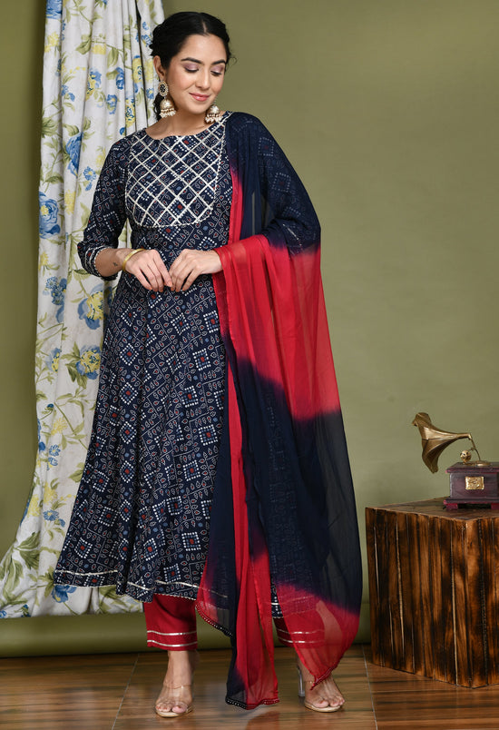 Women Navy Blue Printed Anarkali Kurta Set