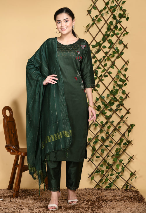 Women Green Honeycomb Embroided Designer Kurta Pant Set