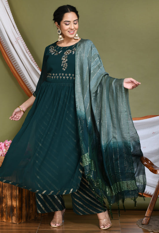 Women Green Nyraa Cut Embellished Kurta Set With Dupatta