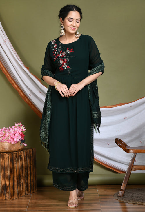 Women Green Nyraa Cut Embellished Kurta Set With Dupatta