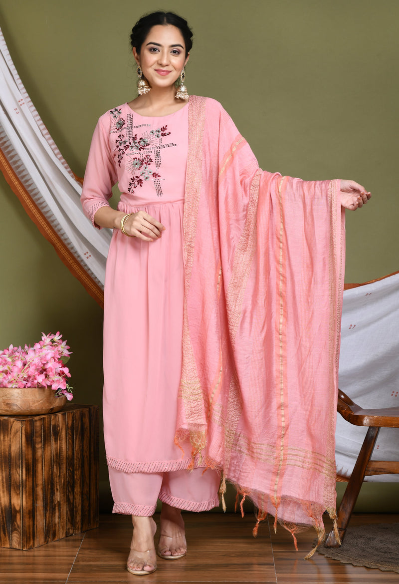 Women Pink Nyraa Cut Embellished Kurta Set With Dupatta