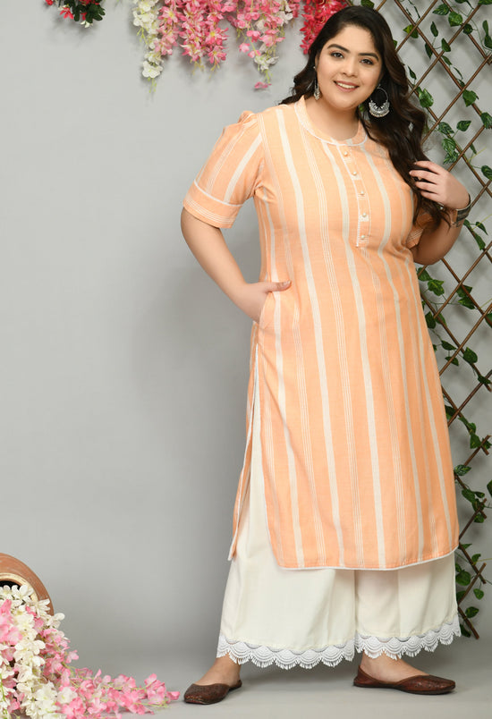 Plus Size Peach Striped Kurta Palazzo Set