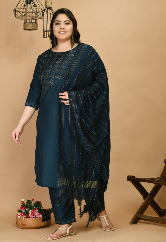 Plus Size Embellished Kurta Pant Set With Dupatta