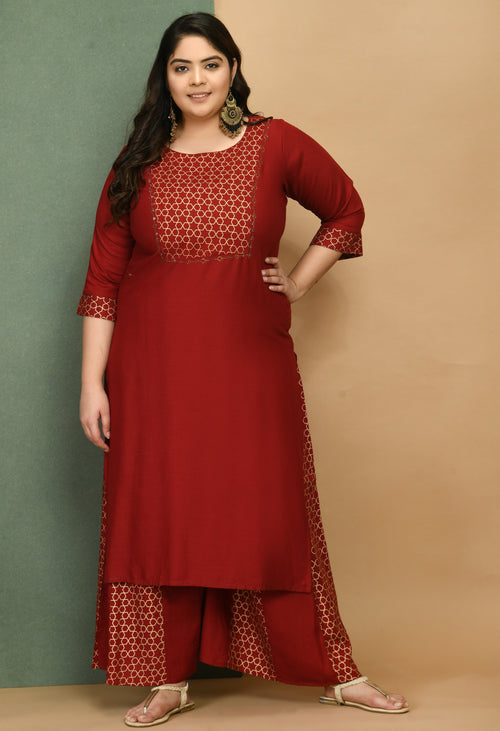 Plus Size Gold Printed Kurta Sharara Set