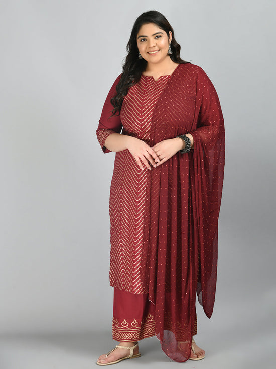 Women Plus Size Gold Printed Kurta Palazzo Set With Dupatta