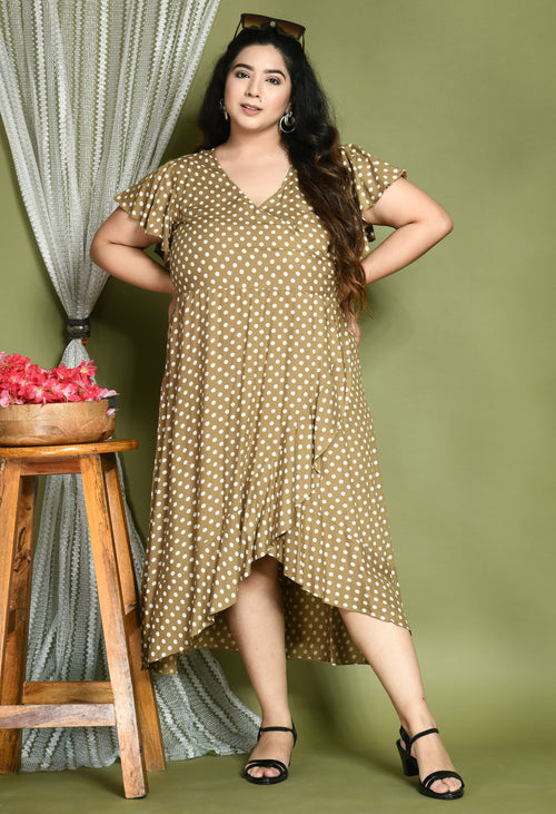 Plus Size Beige Polka Dots Wrap Dress